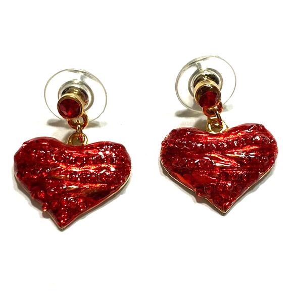 Red enamel pierced earrings heart shaped dangles romantic jewelry gift for woman - Picture 5 of 5